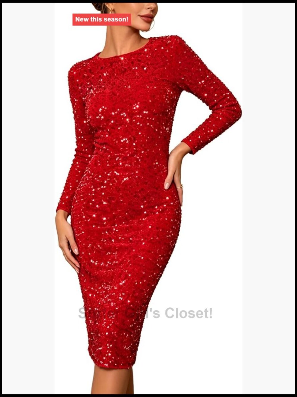 Elegant Long Sleeve Sequin Velvet Midi Dress with Back Split
